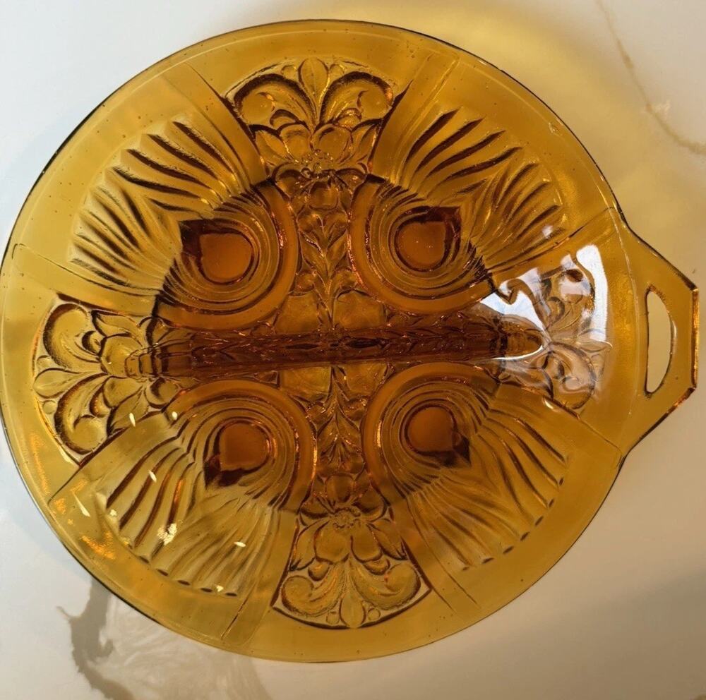 Indiana Glass Amber Killarney Divided 2 part Handle Relish Dish Bowl 8 Inches